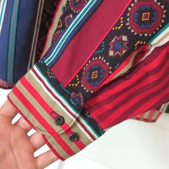 Frank 80's Vintage Funky Paisley & Aztec Striped Long Sleeve Button Down Shirt M - Picture 9 of 12